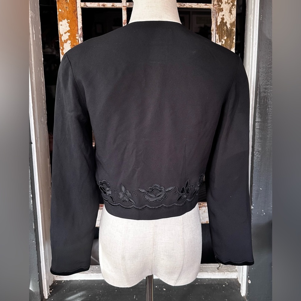 Talbots 2 Petite Black Embroidered Cropped Jacket | Floral Corded Detail - Picture 4 of 8